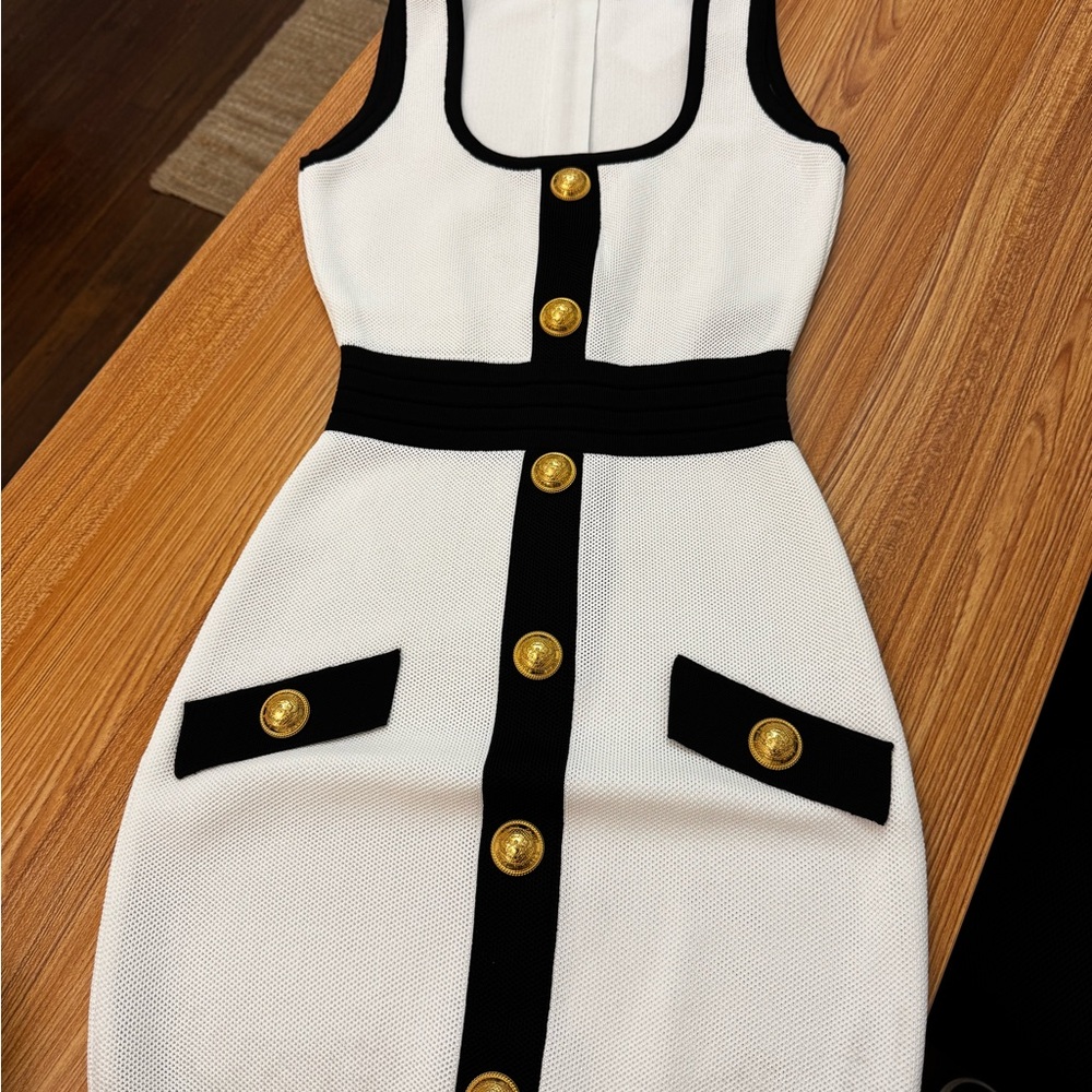 Balmain, Brand New - Black and White Dress with Gold Accents